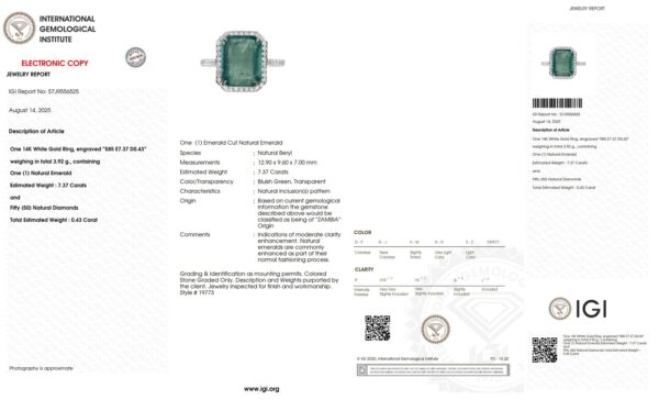 7,80 ct. meget fin smaragd og diamantring i 18 kt. hvidguld. IGI. - Billede 2